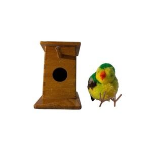 Vintage Steiff wood bird house #807 and wool pom pom greenfinch bird